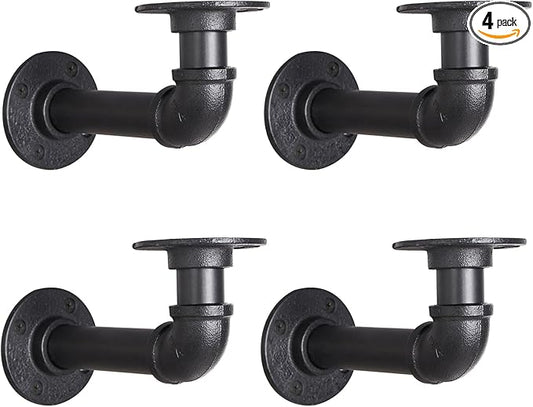 Industrial L Pipe Shelf Brackets for 6-12 in Depth Wood,Heavy-Duty 3/4" Iron,Wall Mount Floating Shelf Bracket L Metal Pipe Shelving Brackets for Wood-Black DIY Pipe Shelves(5.5*3.1 Inch 4 Pack)