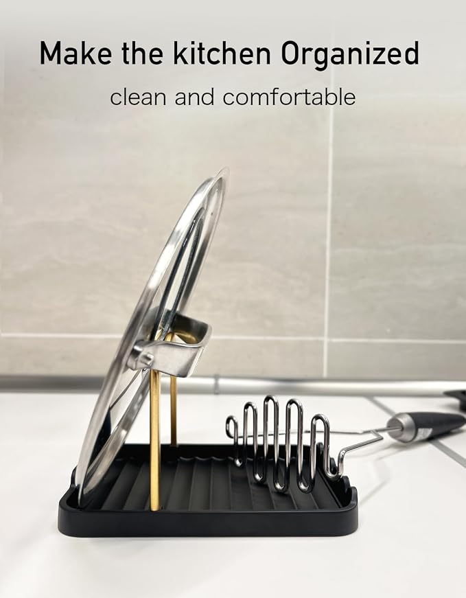 Anti-Rust Metal Spoon Rest with Lid Holder, Heat-Resistant Pot Lid Rest, Multifunctional Spatula Holder While Cooking for Stovetop and Kitchen Counter – Black Gold