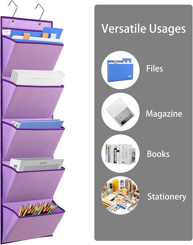 Wall Mounted Hanging Mail Organizer Back to School Paper Organizer File Holder for Classroom Office Organization (5 POCKETS-PURPLE)