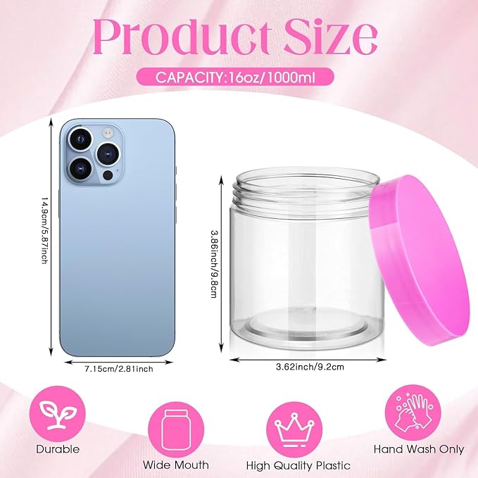 SATINIOR 12 Pack 16 oz Plastic Container Jars with Lids Round Clear Travel Cosmetic Container Slime Jars for Toiletries, Lotion, Cream, Ointments, Makeup, Rhinestone, Samples, Kitchen Storage(Pink)
