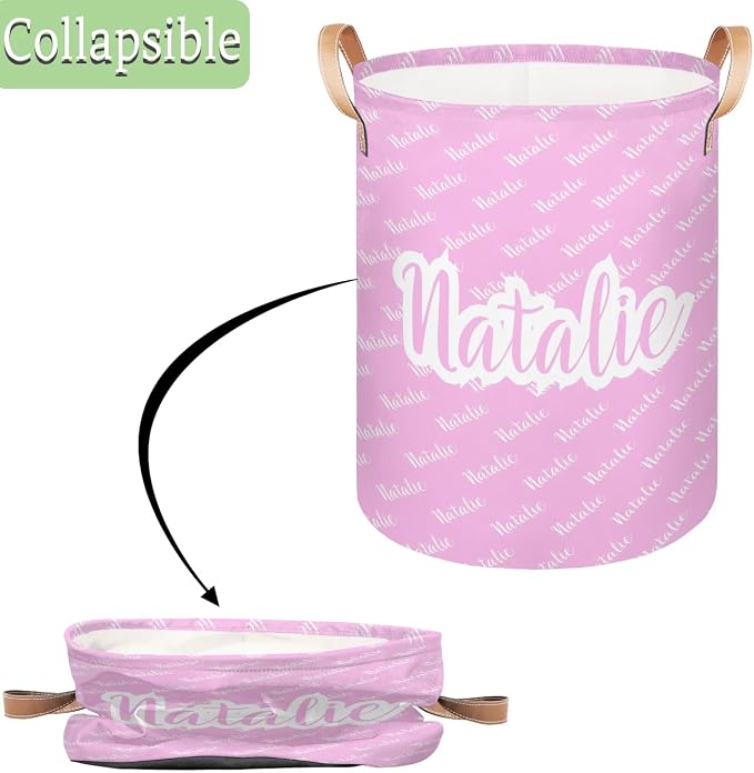 Personalized Laundry Basket, Custom Gift Laundry Hamper, Collapsible Nursery Waterproof Laundry Baskets, Dirty Clothes Toy Hamper with Handles Name Pink