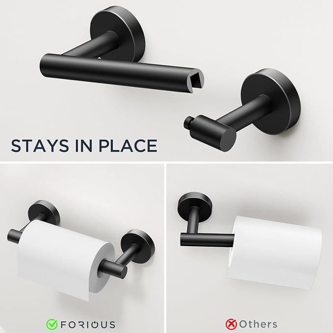 FORIOUS 4 Piece Bathroom Accessories, SUS304 Stainless Steel Toilet Paper Holder, Towel Ring and 2 Towel Hooks, Wall Mounted Bathroom Hardware Set (Matte Black,Double Post Pivoting)