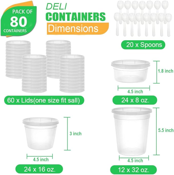 80 Sets Deli Containers with Lids, 32/16/8 oz Food Storage Containers with Lids, BPA Free Leakproof Freezer Storage Containers, Microwave | Dishwasher | Freezer Safe