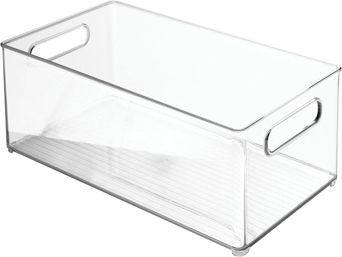 mDesign Plastic Bathroom Storage Container Bins w/ Handles - Closet, Cabinet, Vanity, Cupboard Shelf Organization, Hair Tools Accessory Organizer - Ligne Collection; Clear, 14.6x8.1x6 (Pack of 4)