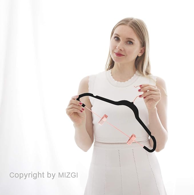 MIZGI Premium Velvet Pants Hangers with Clips (Pack of 20) Slim Skirt Hangers- Non Slip Felt Outfit Dress Hangers Black - Copper/Rose Gold Hooks,Space Saving Shirt Clothes Hangers