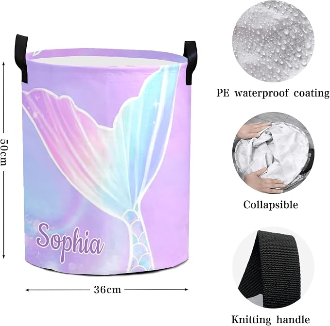 Mermaid Tail Purple Laundry Basket Personalized Name Waterproof Laundry Hamper with Handles for Laundry Room Bathroom College