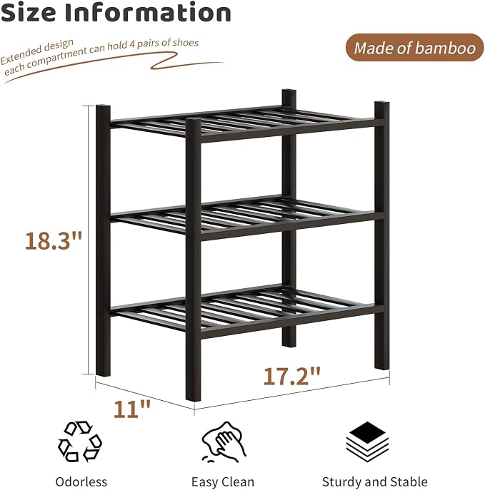 Bamboo Shoe Rack Stackable Shoe Shelf Storage Organizer for Unit Entryway Hallway and Closet Sturdy Freestanding Small Shoe Shelf(3S Tier Black)