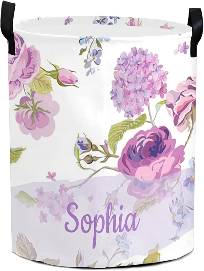 Laundry Basket Purple Floral Custom Name Laundry Bag Hamper Collapsible Oxford Cloth Home Storage Bin with Handles
