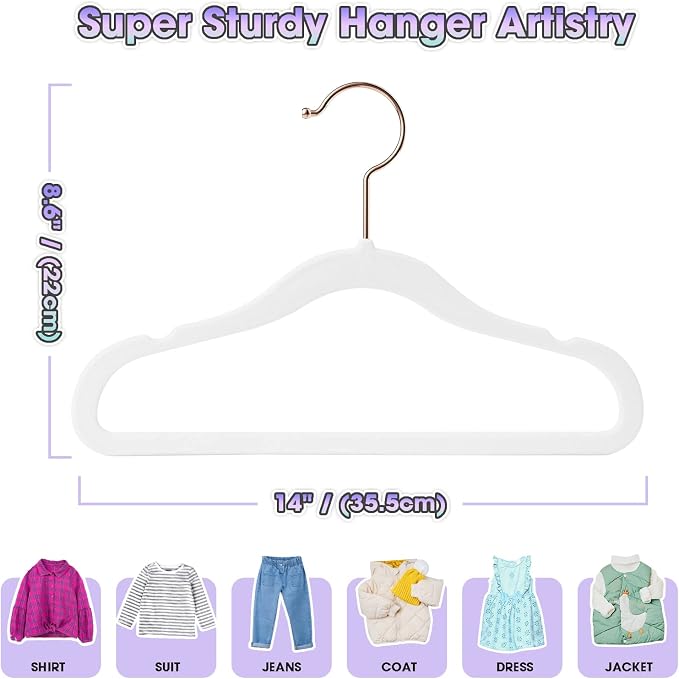 Velvet Kids Hangers,14 Inch 50 Pack White Velvet Baby Hangers | Durable,Space Saving,Non-slip,For Baby/Infant/Toddler