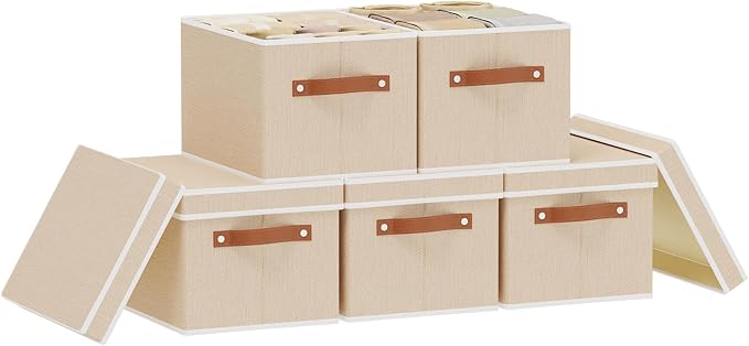 Storage Boxes with Lids, 10.2×7.8×6.7 Inch Storage Baskets, Closet Organizers for Shelves Organizing with Handles, Beige, 5-Pack
