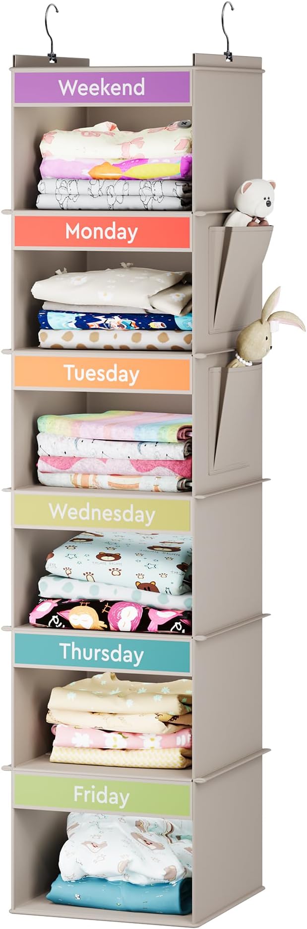YOUDENOVA 6-Shelf Weekly Hanging Closet Organizer, Weekly Clothes Organizers for Kids with 2 Side Pockets, Light Grey