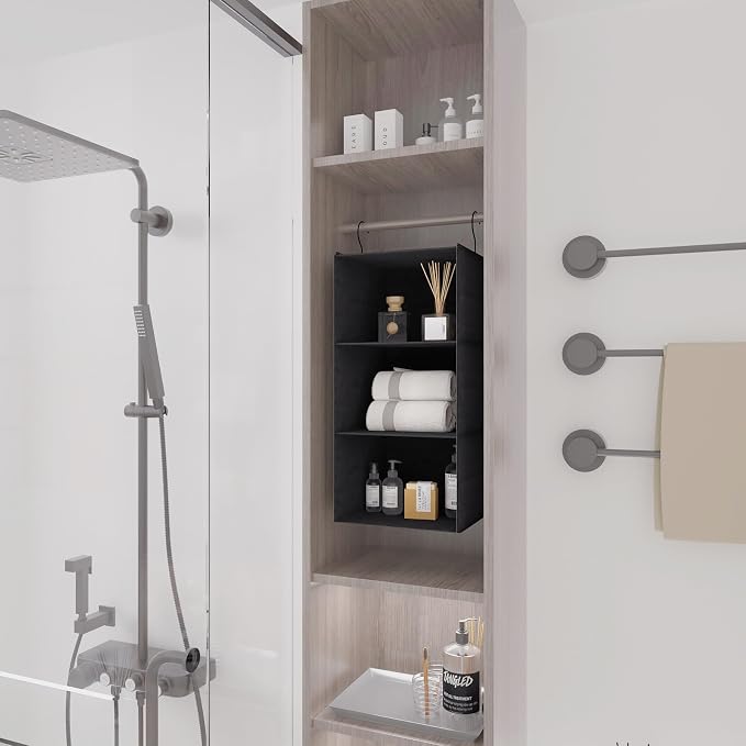 Hanging Closet Organizer 3-Shelf, Oxford Fabric Wardrobe Storage, Black | Easy-mount foldable design holds clothes, handbags, shoes & accessories; washable Oxford fabric, sturdy and space-saving.