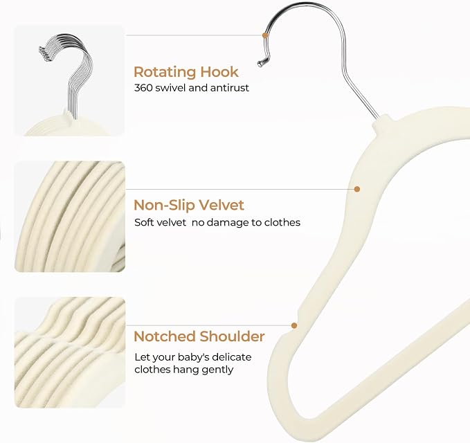 GoodtoU Kids Velvet Hangers, 50 Pack, 11.8 in Non-Slip Baby & Toddler Clothes Hangers, Baby Felt Hangers with Notches & 360° Swivel Hooks for Space-Saving, Beige