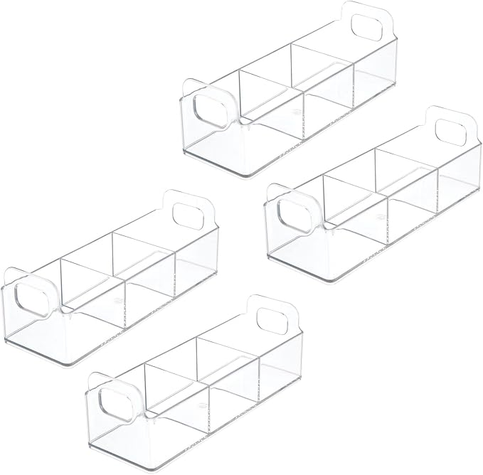 mDesign Plastic Condiment Organizer and Tea Bag Holder - 9" Long Kitchen Pantry/Countertop Storage Caddy - Divided Chip, Snack, Granola, Oatmeal Packet Holder - Lumiere Collection - 4 Pack - Clear