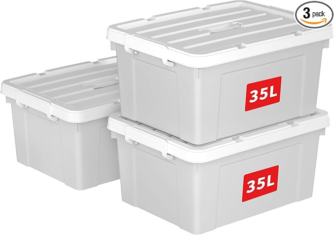 Cetomo Lidded Storage Bin with Handle, Tote Organizing Container with Durable Lid and Secure Latching Buckles, Stackable and Nestable, Plastic, 40 Quart-3 Pack, Gray