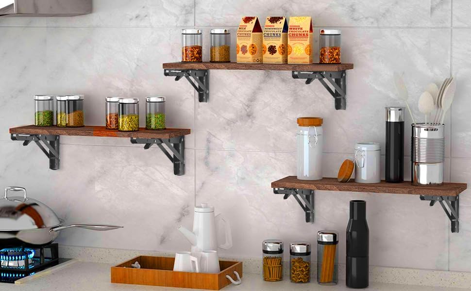 Storystore Folding Shelf Brackets, 12 Inch 4 Pcs Black Stainless Steel