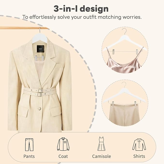 HOUSE DAY Wooden Hangers with Clips 12 Pack, Heavy Duty White Wood Pants Hanger, Premium Skirt Hanger with Adjustable Clips, Solid Clip Hangers for Suit, Blouse, Dress, Coat, Jacket, Bottom