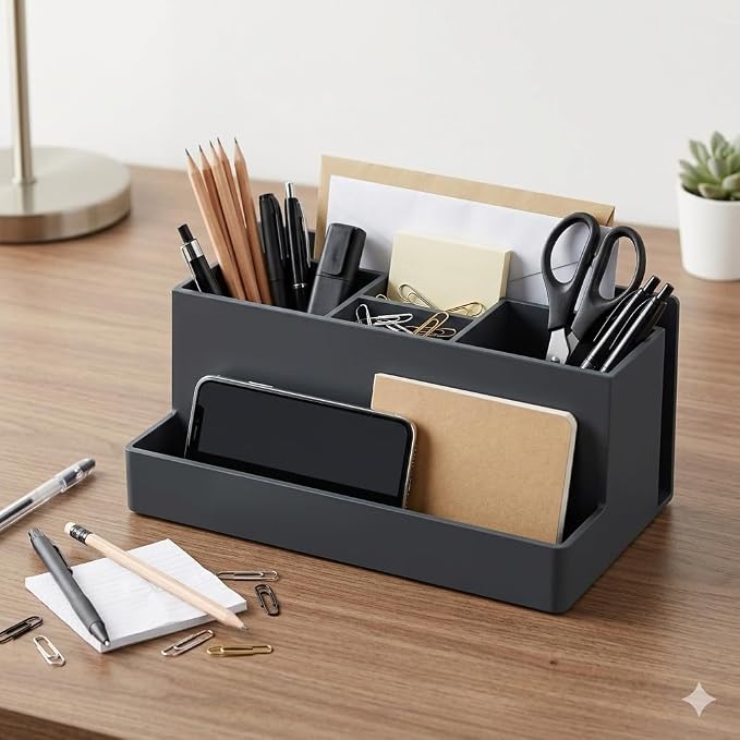 Acrimet Desktop Organizer - Multi Organizer Caddy Holder for Office, Home and School use (Plastic) (Black Color) | Office Notebook, Briefcase, Pads & Accessories