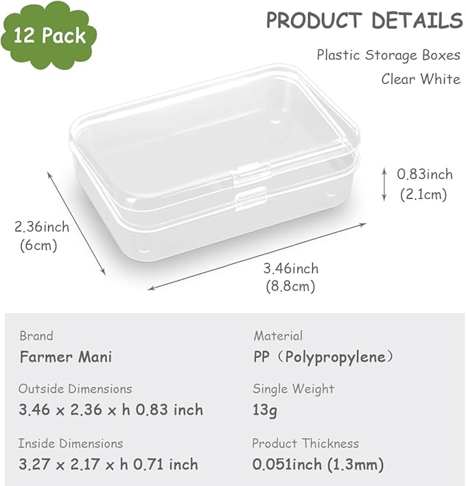Rectangular Clear Plastic Box Containers (3.46" x 2.36" x 0.83 inch), 12 Pack Small Storage Boxes with Lids for Beads, Earplugs, Pins, Small Items etc.