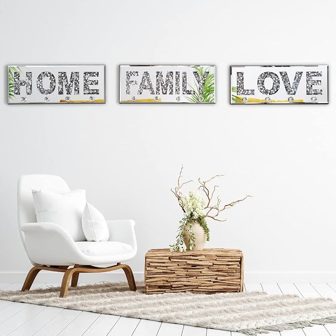 Crushed Diamond Mirrored FAMILY Letter Plaque Sign - 15" Silver Mirror Key Holder with 4 Crystal Acrylic Hooks, Wall Mounted Key Hanger for Kitchen, Great Room, Hallway-Glam Art Deco Family Rules Sign