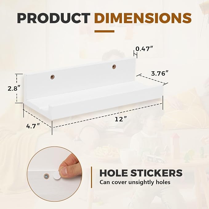 Muzilife 12" Small Floating Wall Ledge Shelves with Lip - Set of 2 Wood Floating Shelves - White Wall Mounted Picture Ledge for Office, Bathroom, Bedroom, Living Room, Kitchen