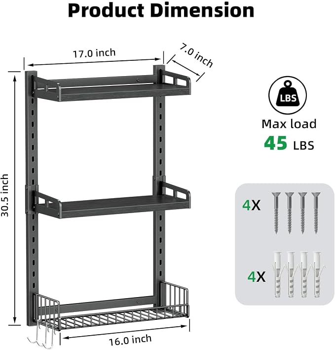 Kalrin 3 Tier Bathroom Shelves Over Toilet - Wall Mounted Floating Shelves with Drain Basket, Toilet Paper Storage, Height Adjustable Over The Toilet Storage, Pure Black
