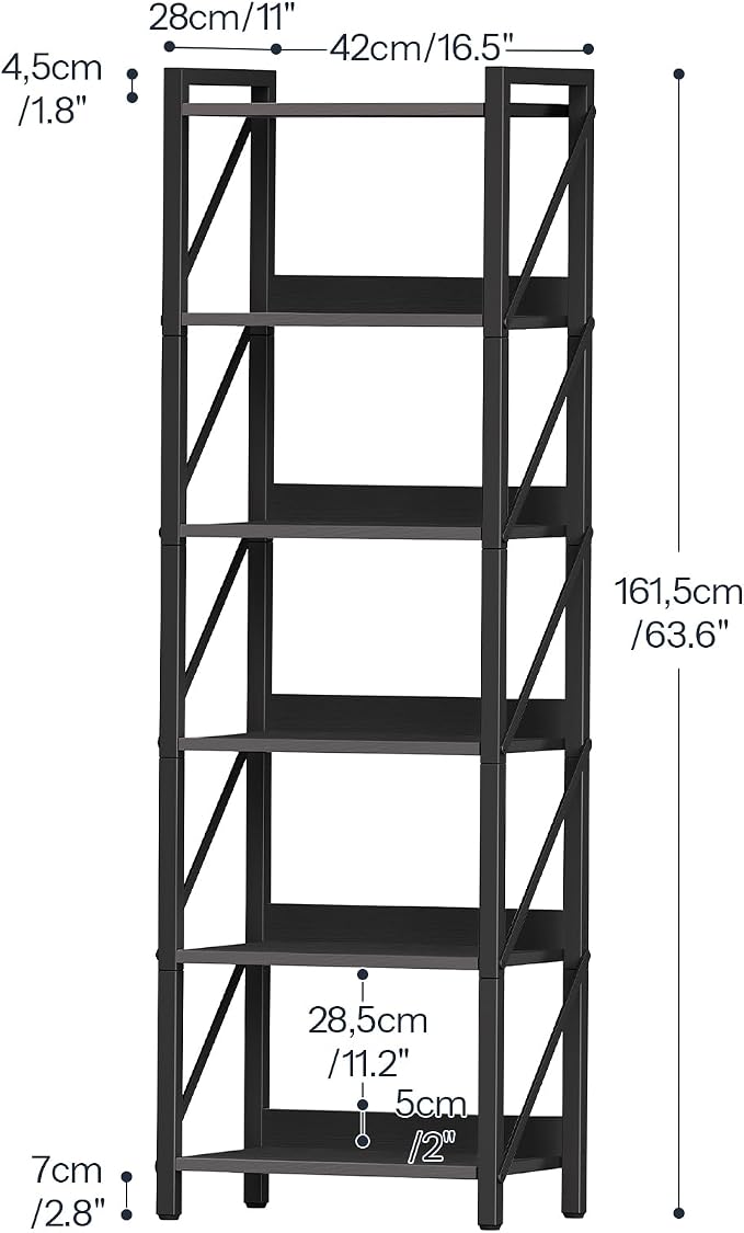 HOOBRO Bookshelf, 6-Tier Industrial Bookcase, Book Shelf Storage Organizer, Tall Bookshelf with Metal Frame for Living Room, Bedroom, Home Office, Kitchen, Black BB72SJ01