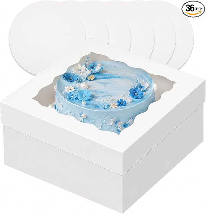 qiqee White 12"x12"x6" Cake Box 36Pcs, 12" White Cake Round Boards 36Pcs, for Cake, Treat Cookie Dessert, Birthday Party