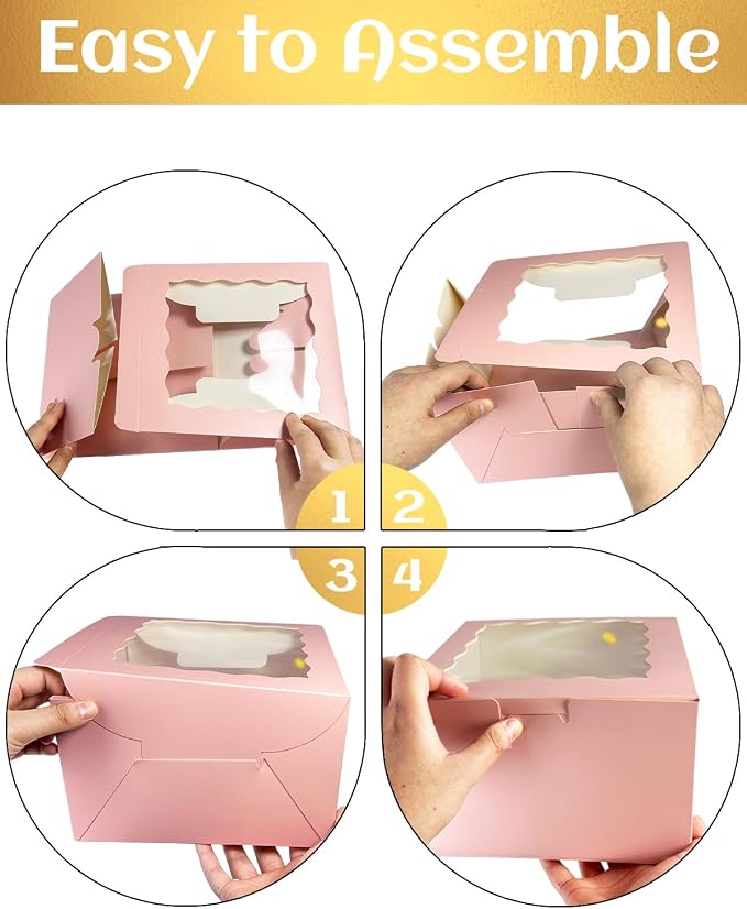 qiqee 10x10x5 Cake Box, 4 Sets Pink Cake Box with Window ＆ 4 Sets 10" Pink Cake Round Boards, 10inch Cake Containers