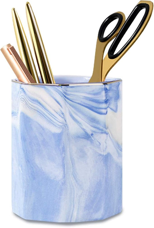 Pencil Holder Cup, Pen Organizer Stand for Desk Cute Marble Pattern Pen Cup Durable Ceramic Desk Organizers for Office Girl Women Adult Teen, Blue Marble