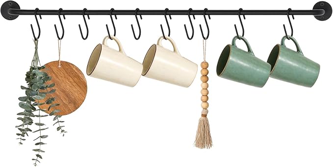 Mkono Mug Holder Wall Mounted Coffee Cup Rack Hanger Modern Metal Wall Rack with 10 Mug Hooks Rustic Utensil Tea Cups Storage Organizer for Kitchen Dining Room Coffee Bar, Set of 2 (1, Large)