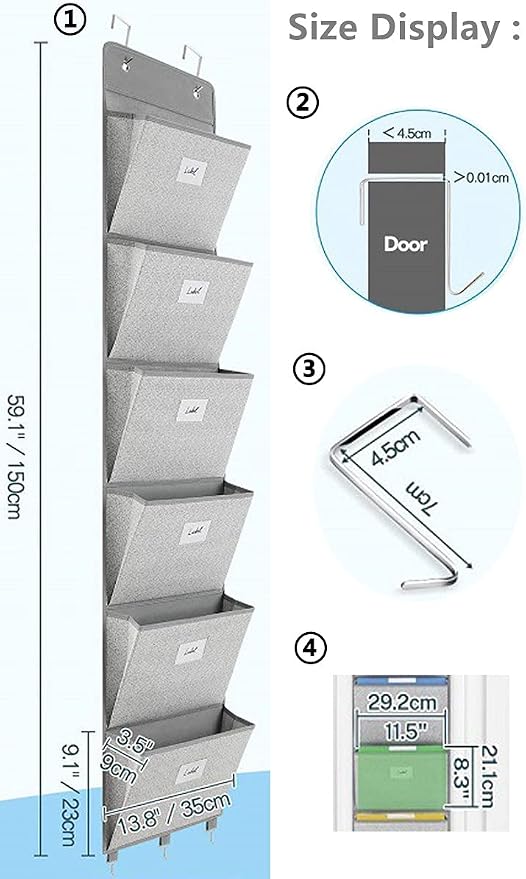 Over The Door File Organizer - 6 Extra Large Pockets Hanging Wall Mounted Storage Files Holder Pocket Chart for Magazine, Notebooks, Planners, Mails etc. Office Home Supplies