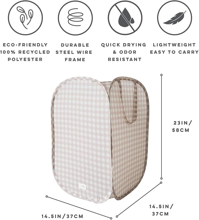 3 Sprouts Pop Up Hamper - Collapsible Laundry Basket, Popup & Foldable Design - Durable Waterproof Fabric for Dirty Clothes, Toys & Towels - Ideal for Dorm, Bedroom & Baby Nursery, Gingham Beige