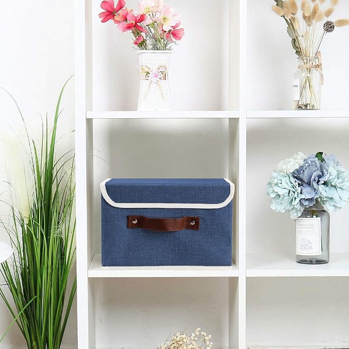 2Pack Storage Bins Boxes with Lids 15"x10"x10" Decorative Storage Baskets | Cotton Linen Fabric, Collapsible, Faux Leather Handles, Storage Cubes, Closet Shelf Clothes Organizer Container, Blue