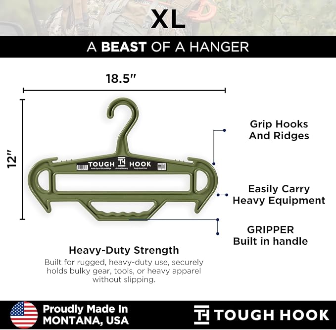 Tough Hanger XL | A Beast of a Hook | American Made | Premium X-Large Heavy Duty |Outdoor Gear,Wetsuit Dive Scuba Gear & Heavy Clothing–180 lb Capacity Hanger |Built in Gripper Carry Handle, 1 Black