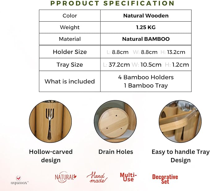 Bamboo Cutlery Holder Set - 4 kitchen Utensils Holder with Bamboo Tray | Decorative kitchen countertop Cutlery Stand | Utensil holder - knife, fork Spoon and Straw holders