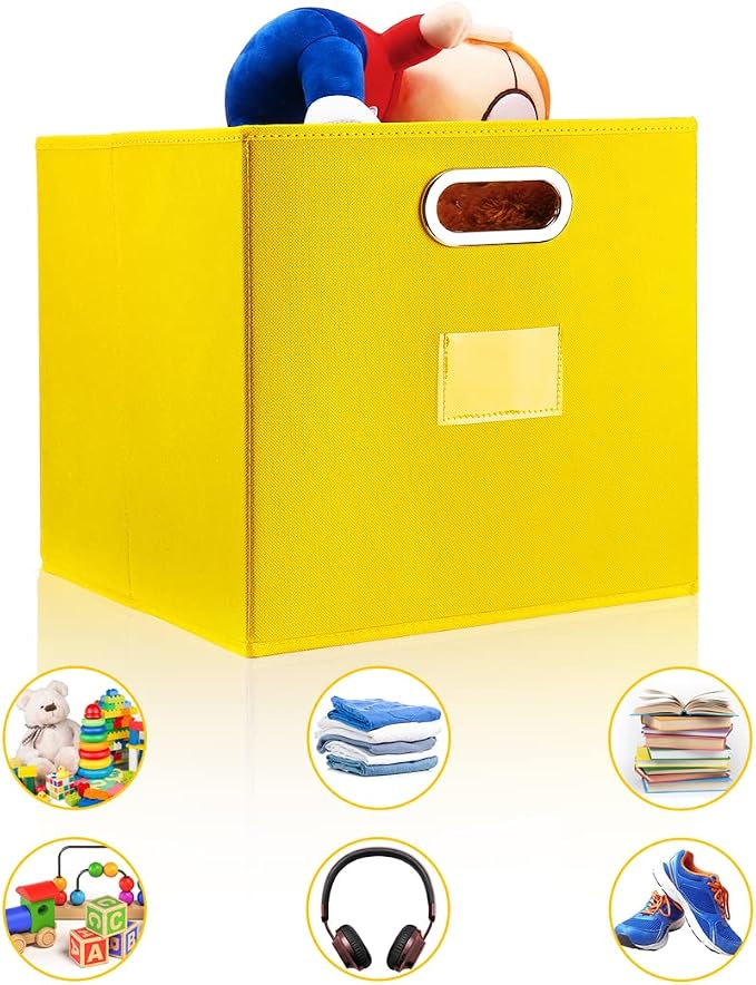 Cube Storage Bins,13 inch Storage Bin,4-Pack Yellow Storage Boxes with Dual Metal Handles for Organizing Shelves,Closet,Nursery,Home