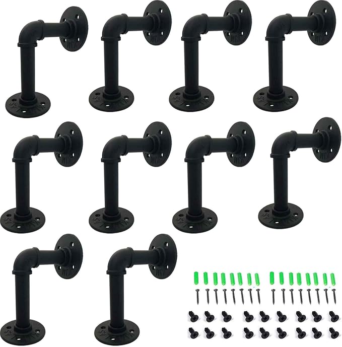 Yuanshikj (10Pc, 3.9"x5.9" Industrial Pipe Shelf Brackets for 6 8 10 12 inches Board, Iron L Pipe Floating Shelf Bracket Heavy Duty Metal Shelving Brackets for Shelves