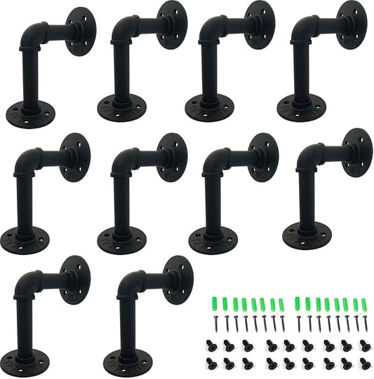 Yuanshikj (10Pc, 3.9"x5.9" Industrial Pipe Shelf Brackets for 6 8 10 12 inches Board, Iron L Pipe Floating Shelf Bracket Heavy Duty Metal Shelving Brackets for Shelves