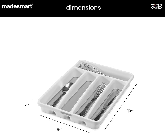 madesmart Premium Small Silverware Tray, Compact 5 Compartment Flatware Organizer for Forks, Knives & Spoons, Non Slip, Soft Grip Lining, Fits Small Drawers, White