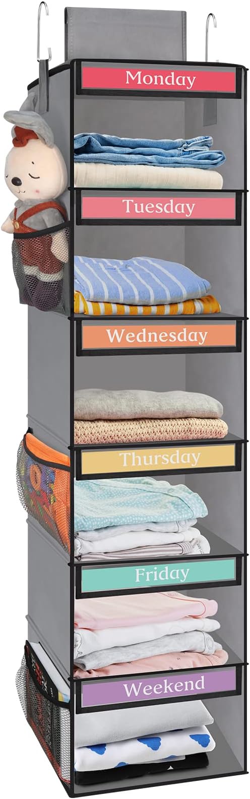 Fixwal Weekly Kids Clothes Organizer 6-Shelf Hanging Closet Storage Grey