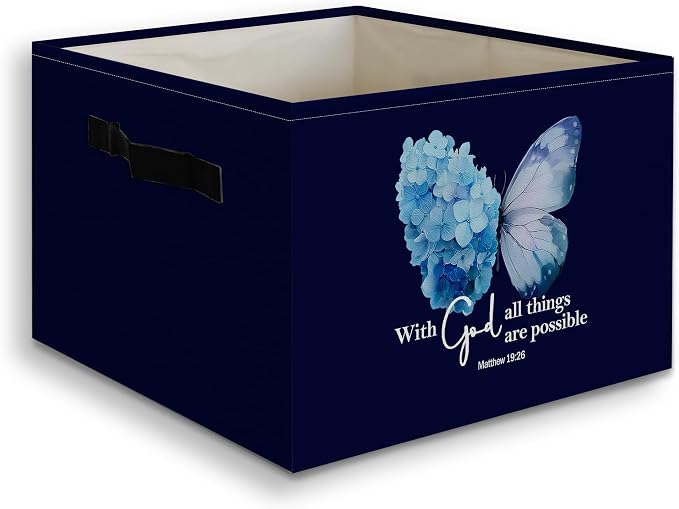 Navy Blue Christian Butterfly Foldable Storage Bins Box with Handles, With God All Things Are Possible Bible Verse Collapsible Organizer Basket for Bedroom Bathroom Clothes Toys Books