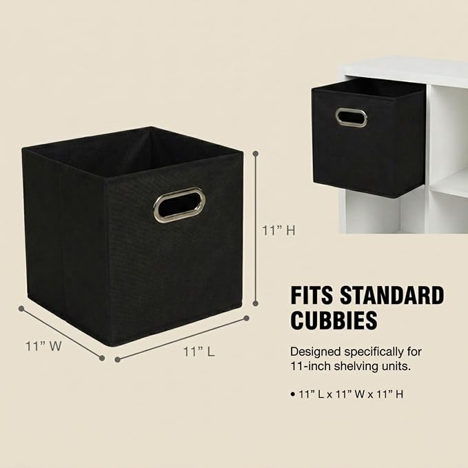 Household Essentials Foldable Fabric Storage Bins 6 Piece Set, Strong Poly-Woven Fabric, Sturdy Chipboard Sides, Grommet Front Handle, Stackable, Classic Design, Black