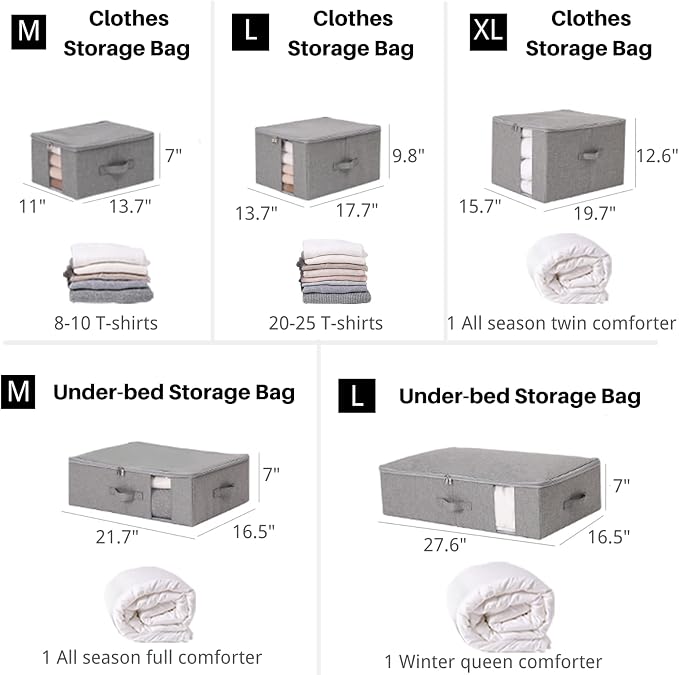 Under Bed Storage with Clear window/ 600D Sturdy Fabric, Underbed Storage Containers Bags for Clothes, Clothing, Blanket, Comforters (M（21.7x16.5x7in） for under bed storage, Light grey)