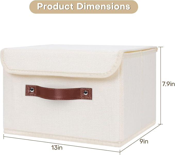ANMINY 4PCS Storage Bin with Lid Storage Boxes with PU Leather Handles PP Plastic Board Decorative Foldable Lidded Cotton Linen Fabric Home Cubes Baskets Closet Organizer Container - Beige, Medium