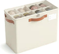Varhomax Shoe Organizer Box for Closet, Small Fabric Shoe Storage Bin with Adjustable Dividers & Clear Cover, Saving Space Sneakers & Sandals Containers for Entryway, Cubby, Beige