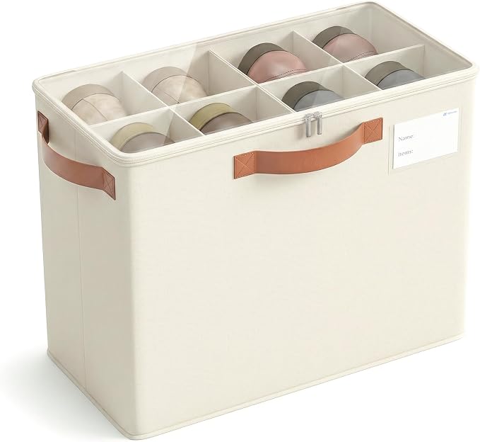 Varhomax Shoe Organizer Box for Closet, Small Fabric Shoe Storage Bin with Adjustable Dividers & Clear Cover, Saving Space Sneakers & Sandals Containers for Entryway, Cubby, Beige