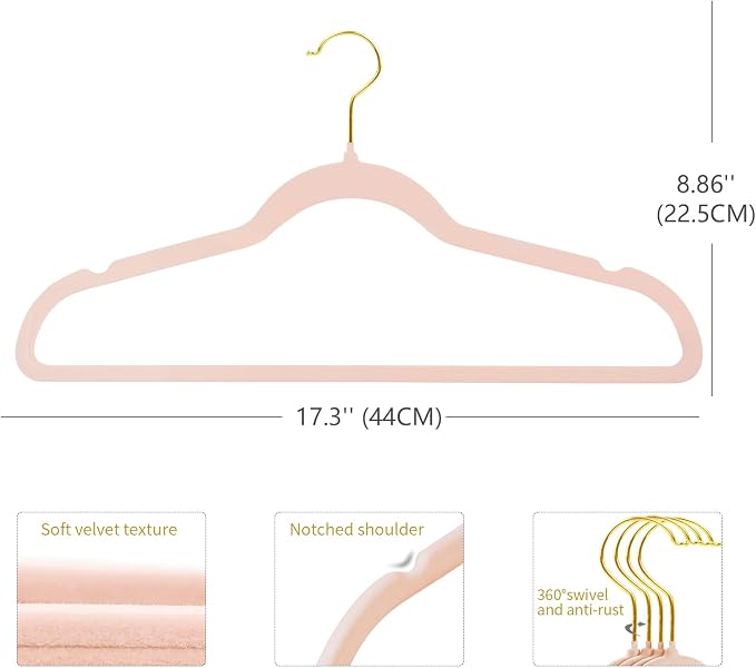ManGotree Velvet Coat Hangers with 360° Swivel Gold Hook, Non-Slip Felt Suit Hangers, Slim Space Saving Clothes Hanger for Jacket, Sweater, Shirt, Dress, Pants (48 Pack, Light Pink)