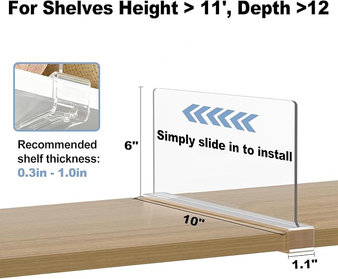 Purse Organizer for Closet Shelf Dividers: 6-inch Tall (Shorter Version) Adjustable Clear Acrylic Bag Storage Organizer for Handbags, Sweaters, Towels, Jeans and Shoes on Wood Shelves 8-Pack