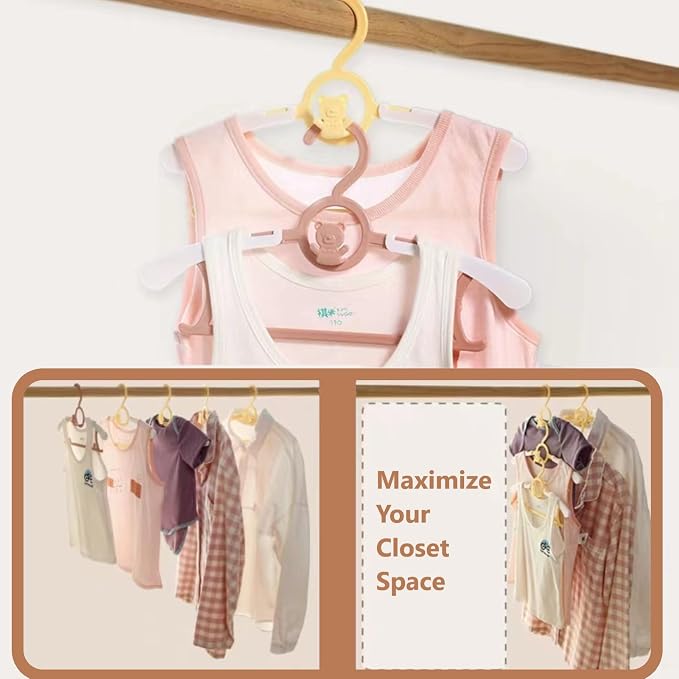 Baby Clothes Hangers 20 Pack Plastic Kids Hangers Space Saving for Closet | Yellow Hanger for Toddler Girl and Boy - Lightweight Anti-Slip Cascading Padded Slim Extendable Adjustable Pants Bear Hangar